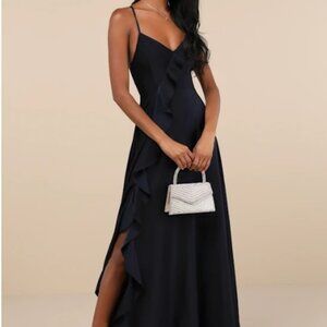 BNWT Lulu's Stylish Grace Navy Blue Backless Lace-Up Ruffled Formal Maxi Dress